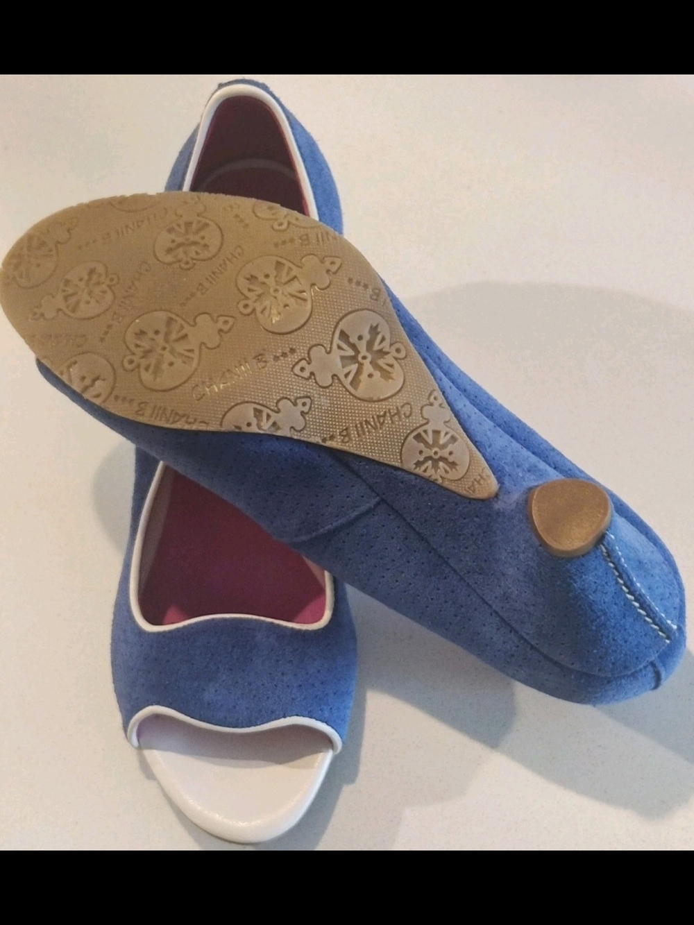 Chanii B Womens 38/7-7.5 Two Tone Blue and Pink Open Toe Suede Leather Heels - Picture 7 of 16